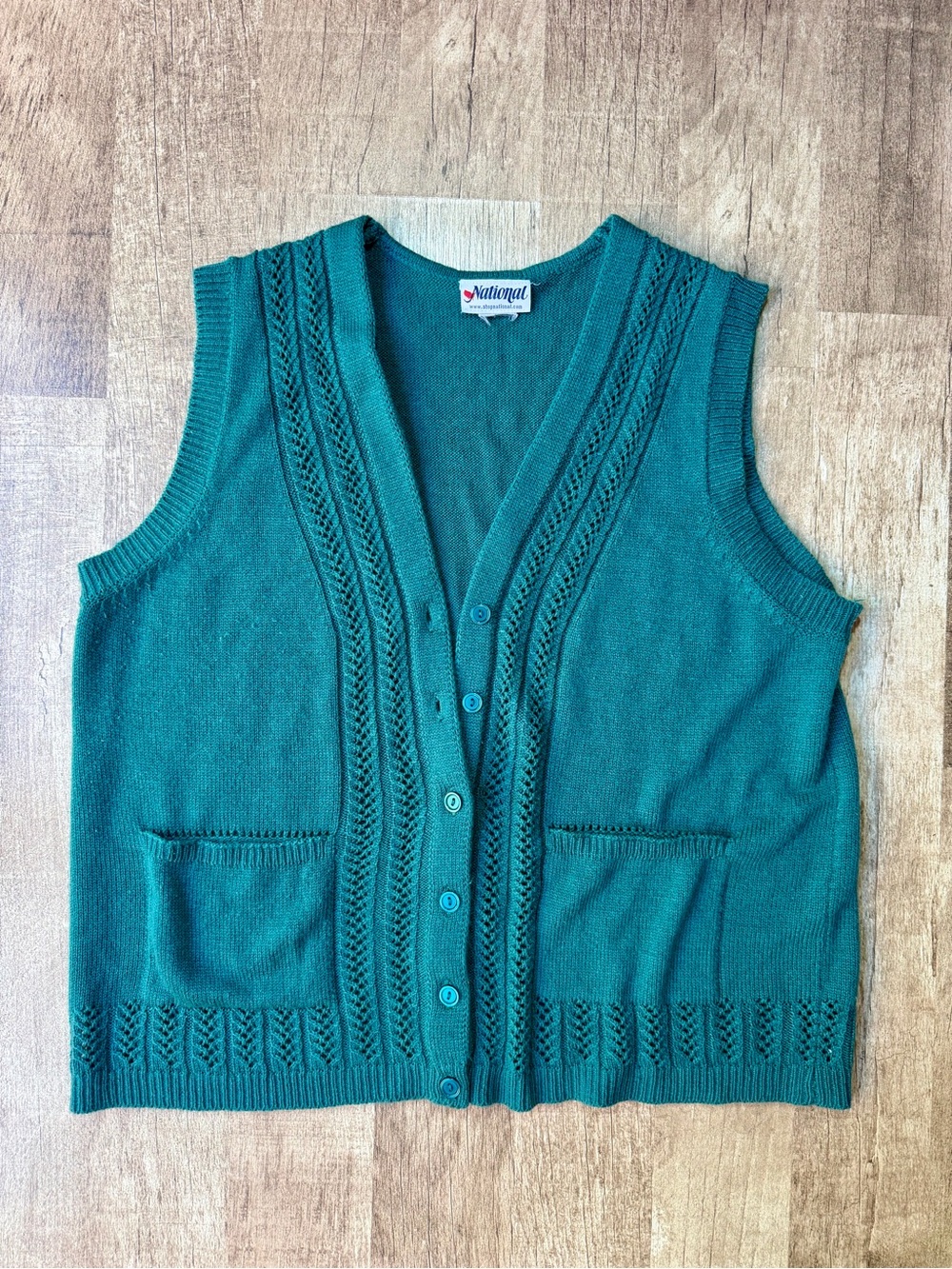Vintage National Pointelle Knit Button Vest Pockets Grandmacore